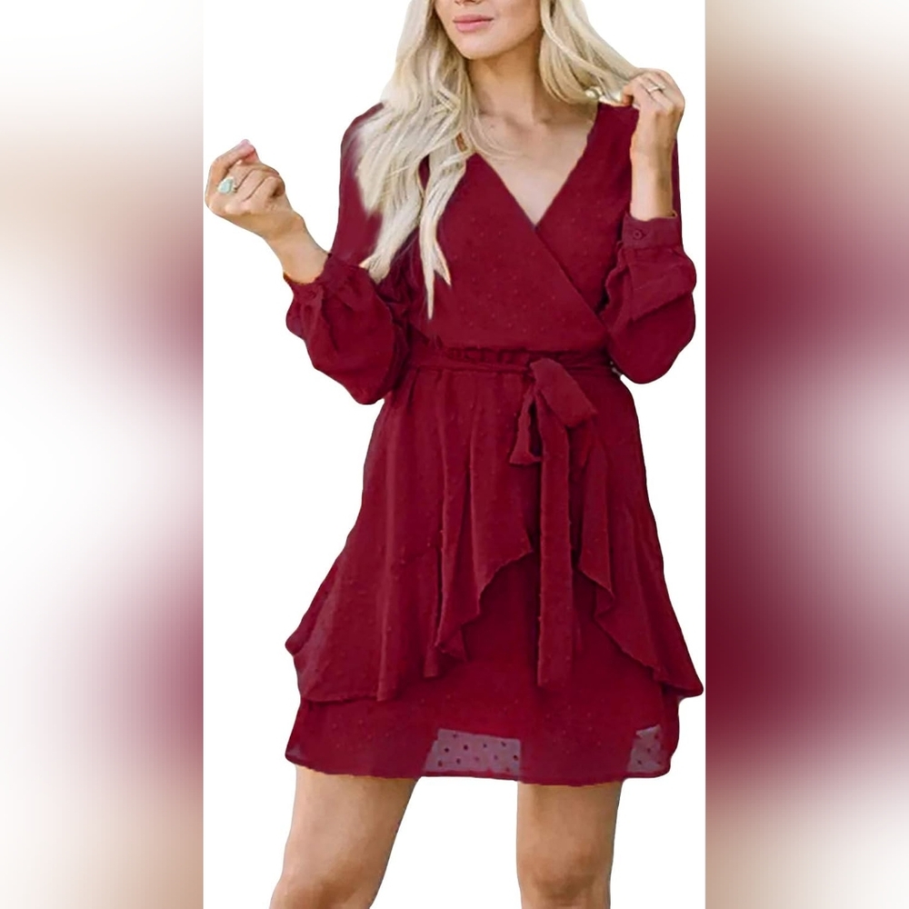 AOOKSMERY Women Cute V Neck Long Sleeve Mini Dresses Solid Polka Dot Swing Dress